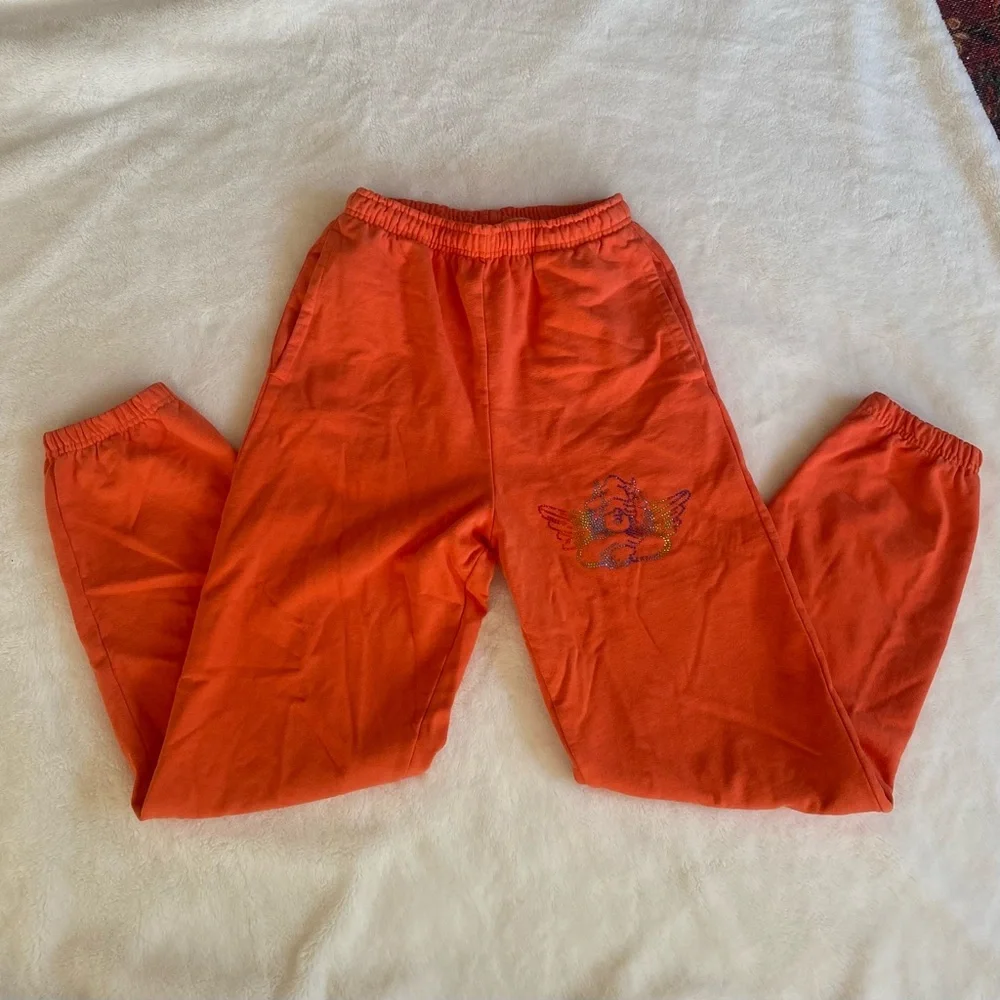 1-800-BOYS-LIE Orange 100% Cotton Sweatpants w/ Rainbow Angel Sequin Bling M - Picture 14 of 15